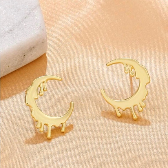 “Melting Moons” Gold Crescent Liquid Metal Dripping Droplet Celestial Edgy Studs - Picture 3 of 4